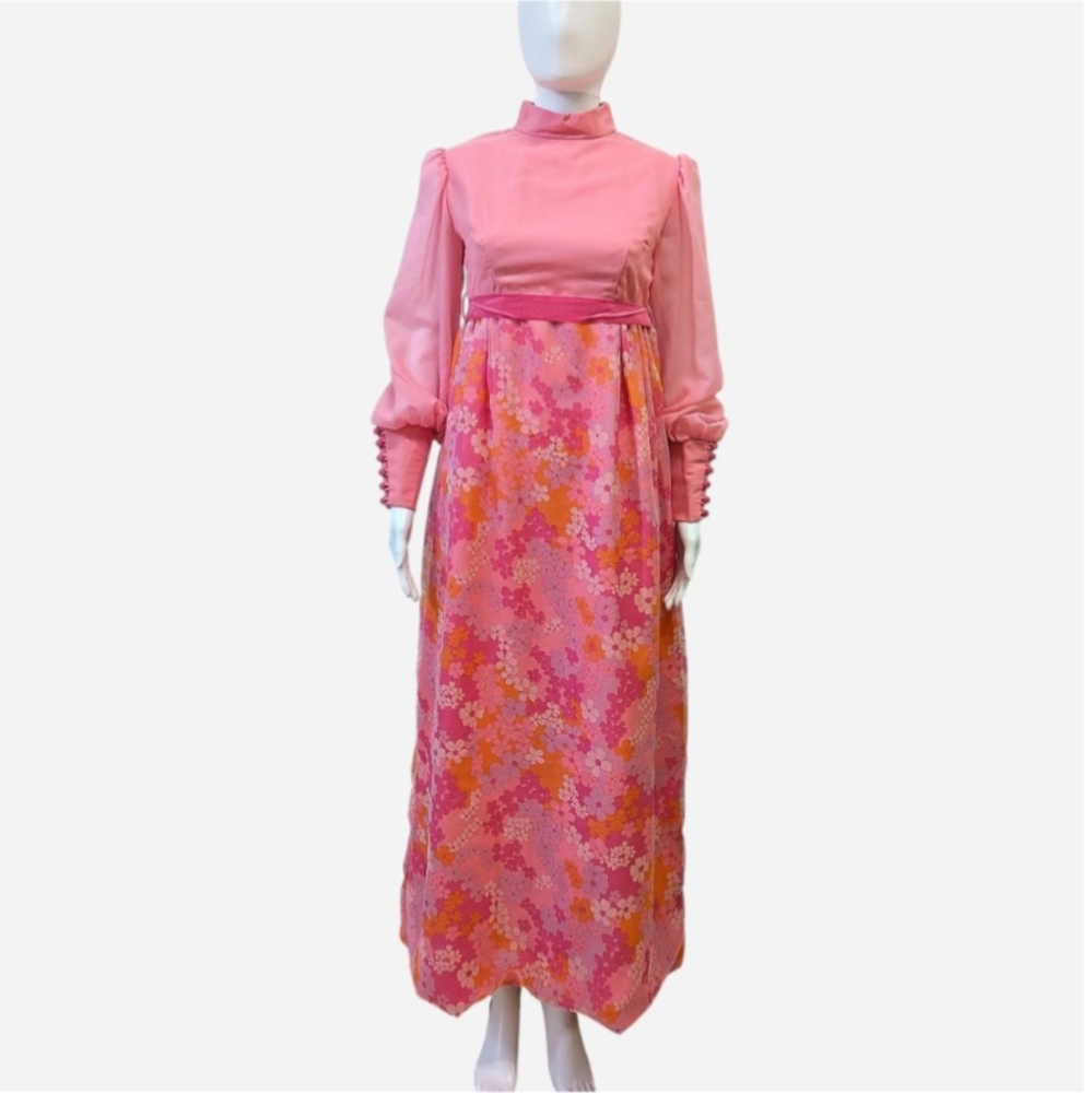 70s vintage pink and orange floral maxi dress with long sleeves and high neck